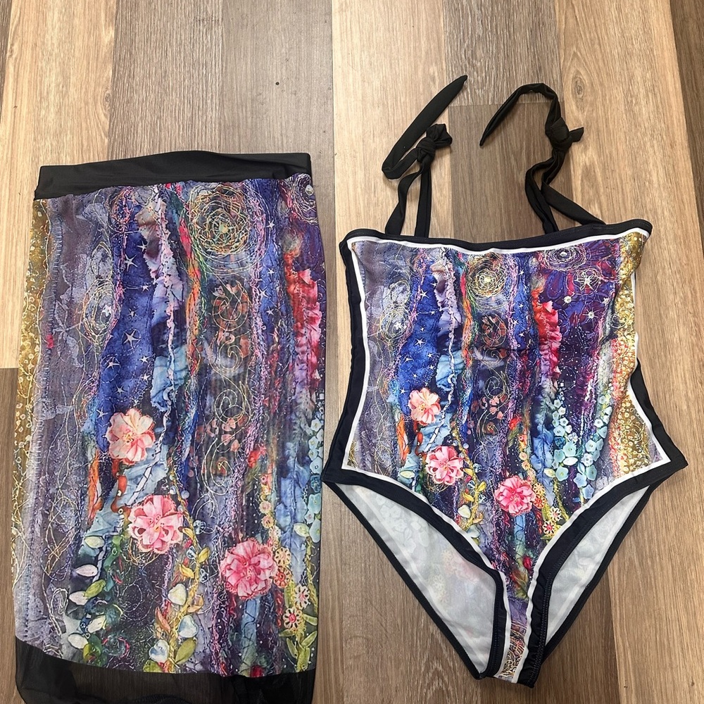 Abstract Women Swim One Piece Large with matching Serong cover-up New
